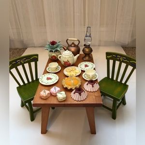 American Girl Green Wooden Chairs Tea Party Set with Floral China
